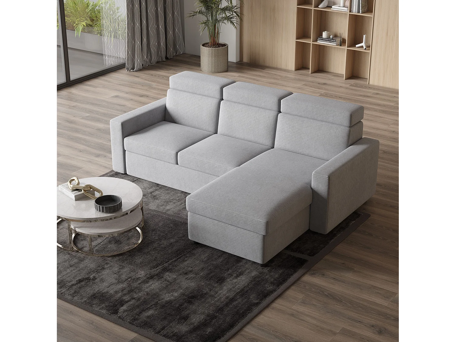 Canapé d'angle PADWA Gris clair en velours côtelé avec fonction de couchage