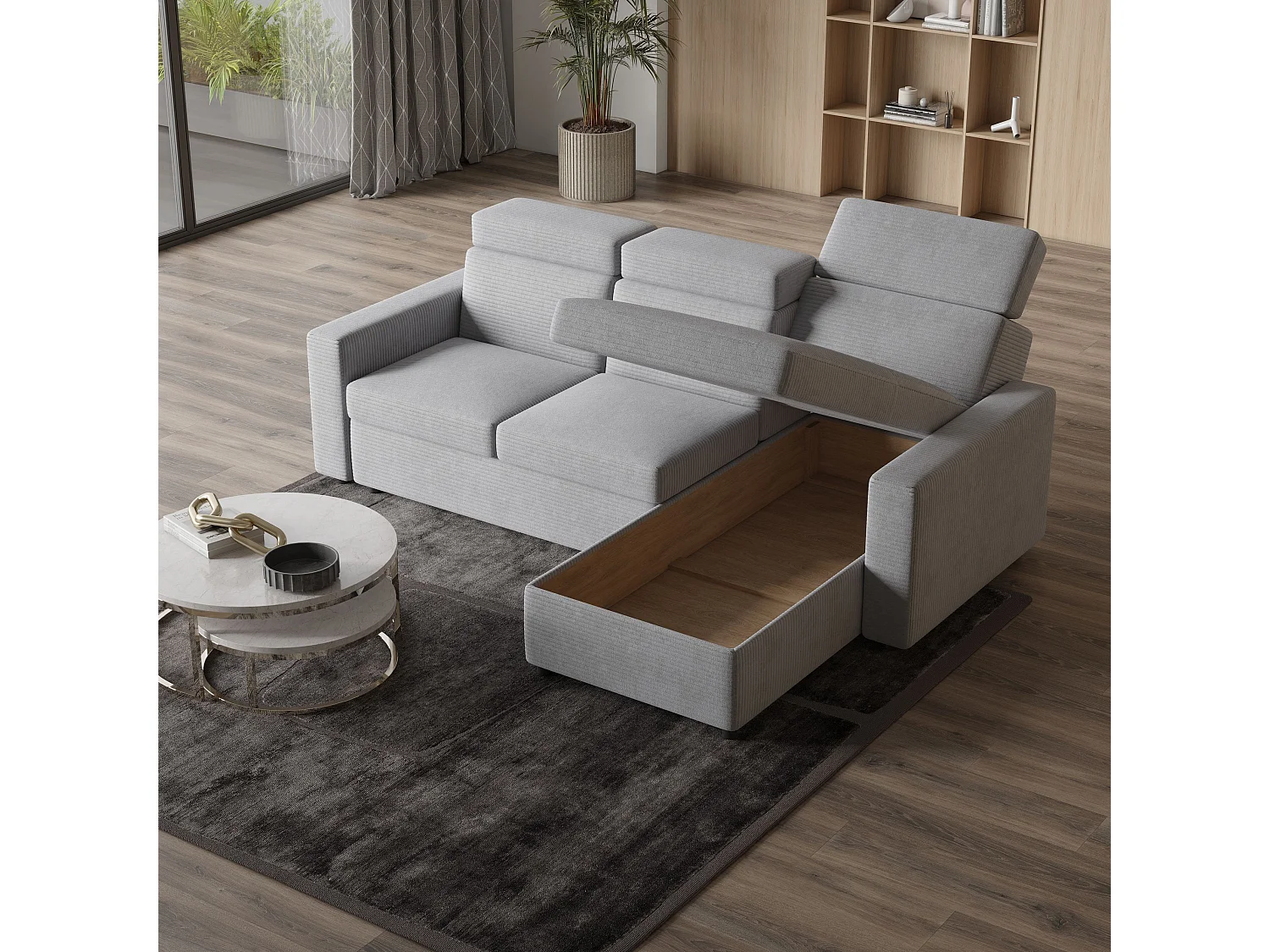 Canapé d'angle PADWA Gris clair en velours côtelé avec fonction de couchage