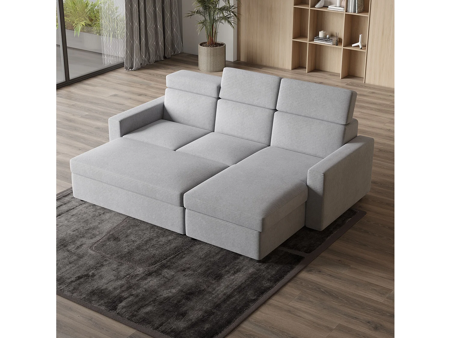 Canapé d'angle PADWA Gris clair en velours côtelé avec fonction de couchage