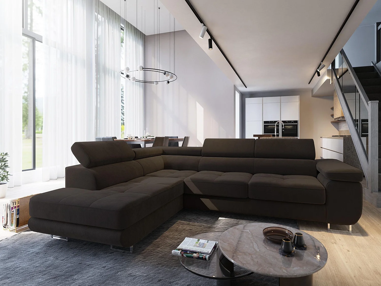 Canapé d'angle SELVA Marron en velours avec fonction de couchage