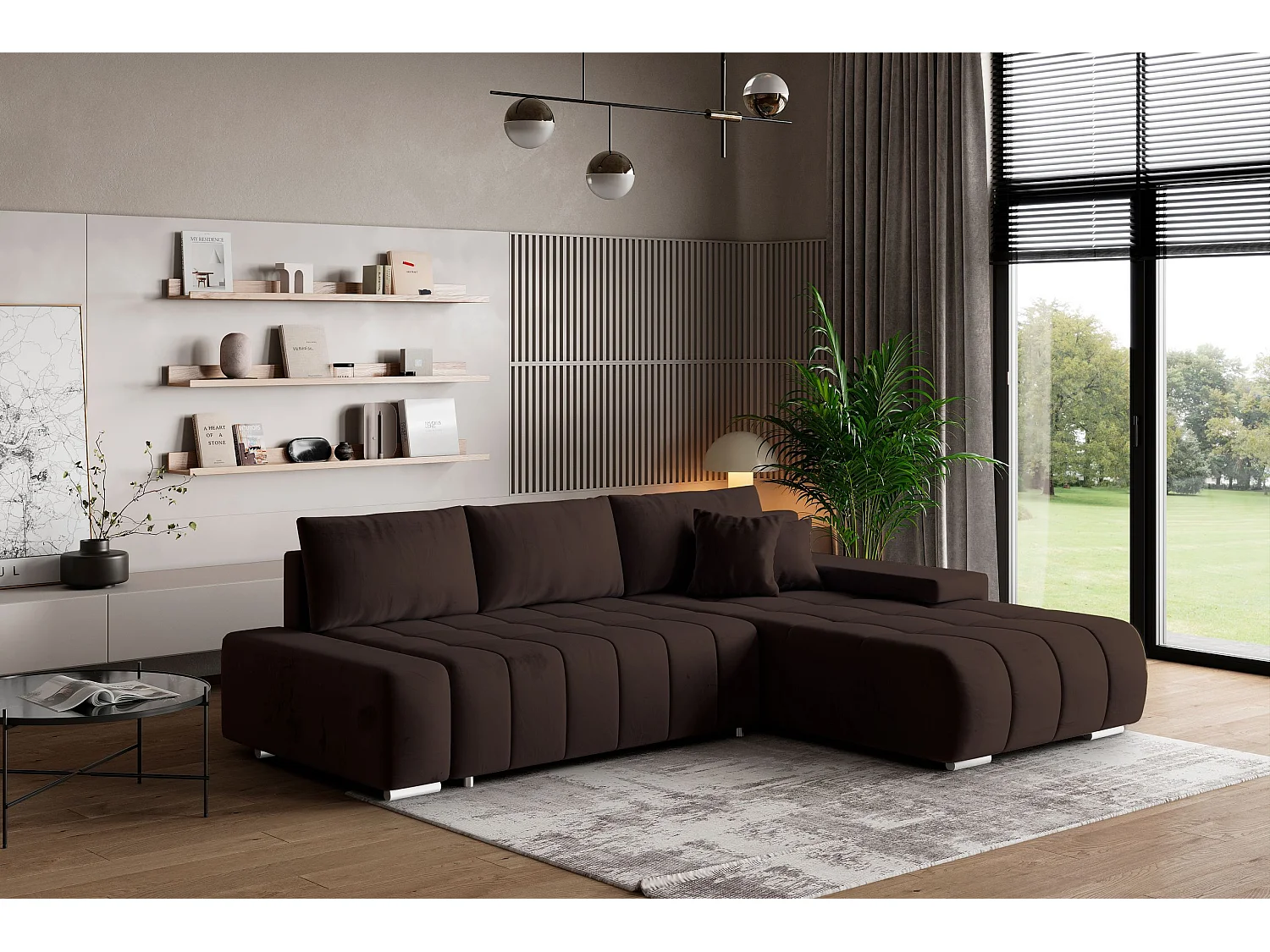 Canapé d'angle ALESE Marron en velours avec fonction de couchage