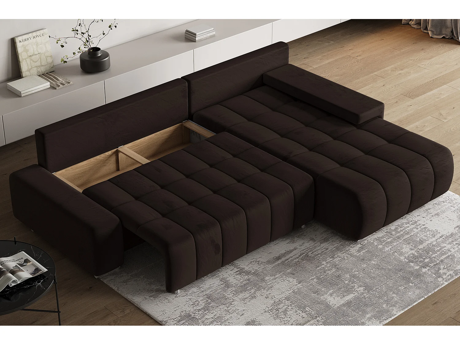 Hoekbank ALESE van fluweel met slaapfunctie Braun
