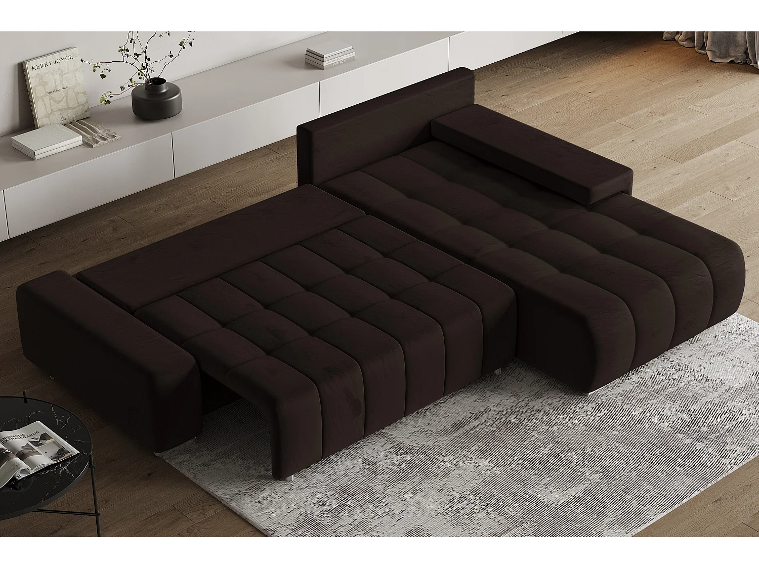 Hoekbank ALESE van fluweel met slaapfunctie Braun