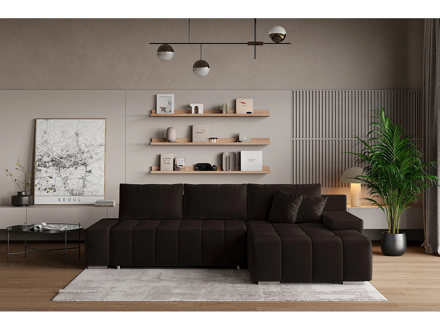 Hoekbank ALESE van fluweel met slaapfunctie Braun