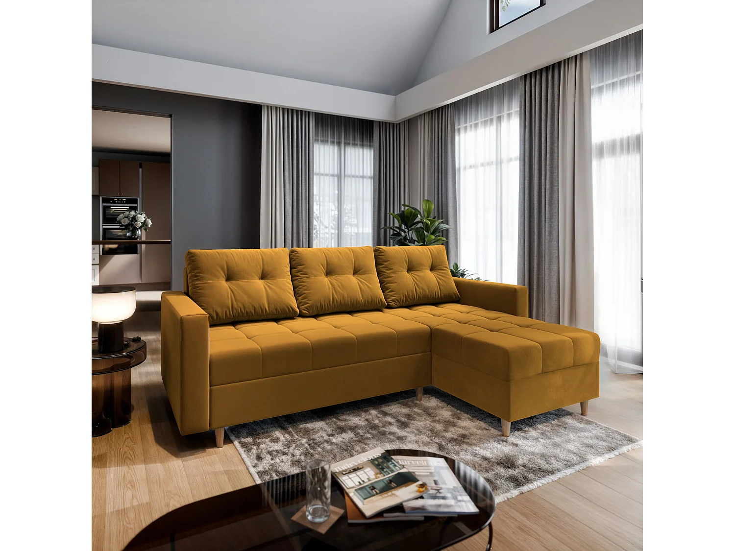 Canapé d'angle MILO Jaune en peluche avec fonction de couchage