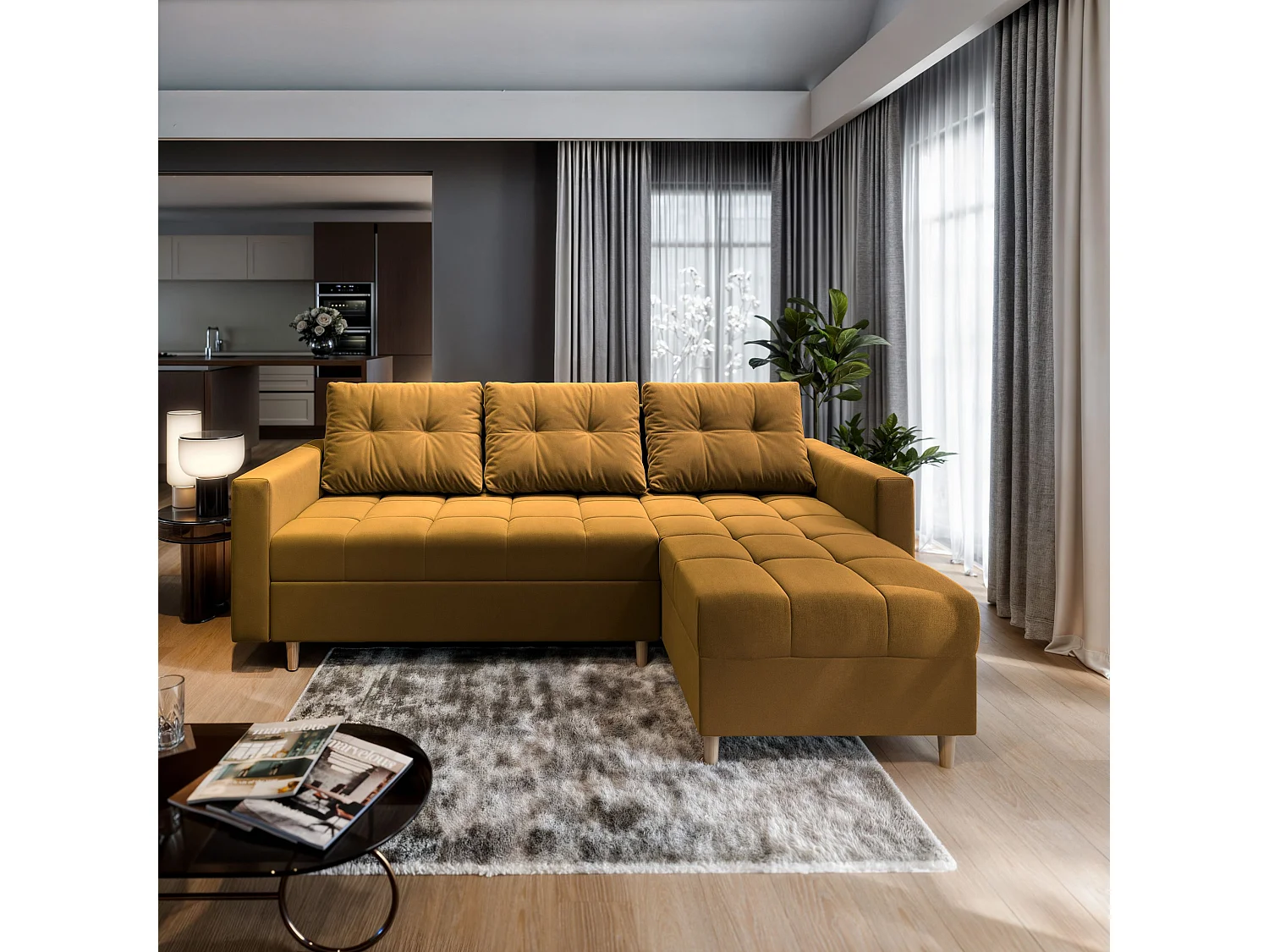 Canapé d'angle MILO Jaune en peluche avec fonction de couchage