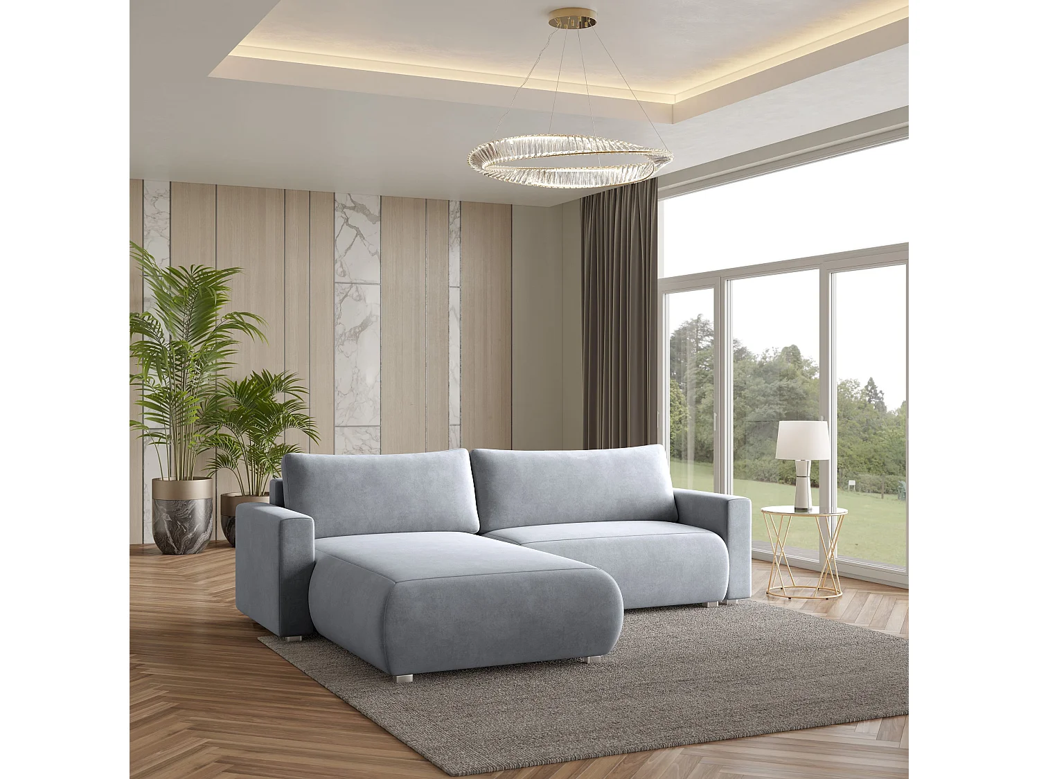 Canapé d'angle TURIN Gris clair en velours avec fonction de couchage