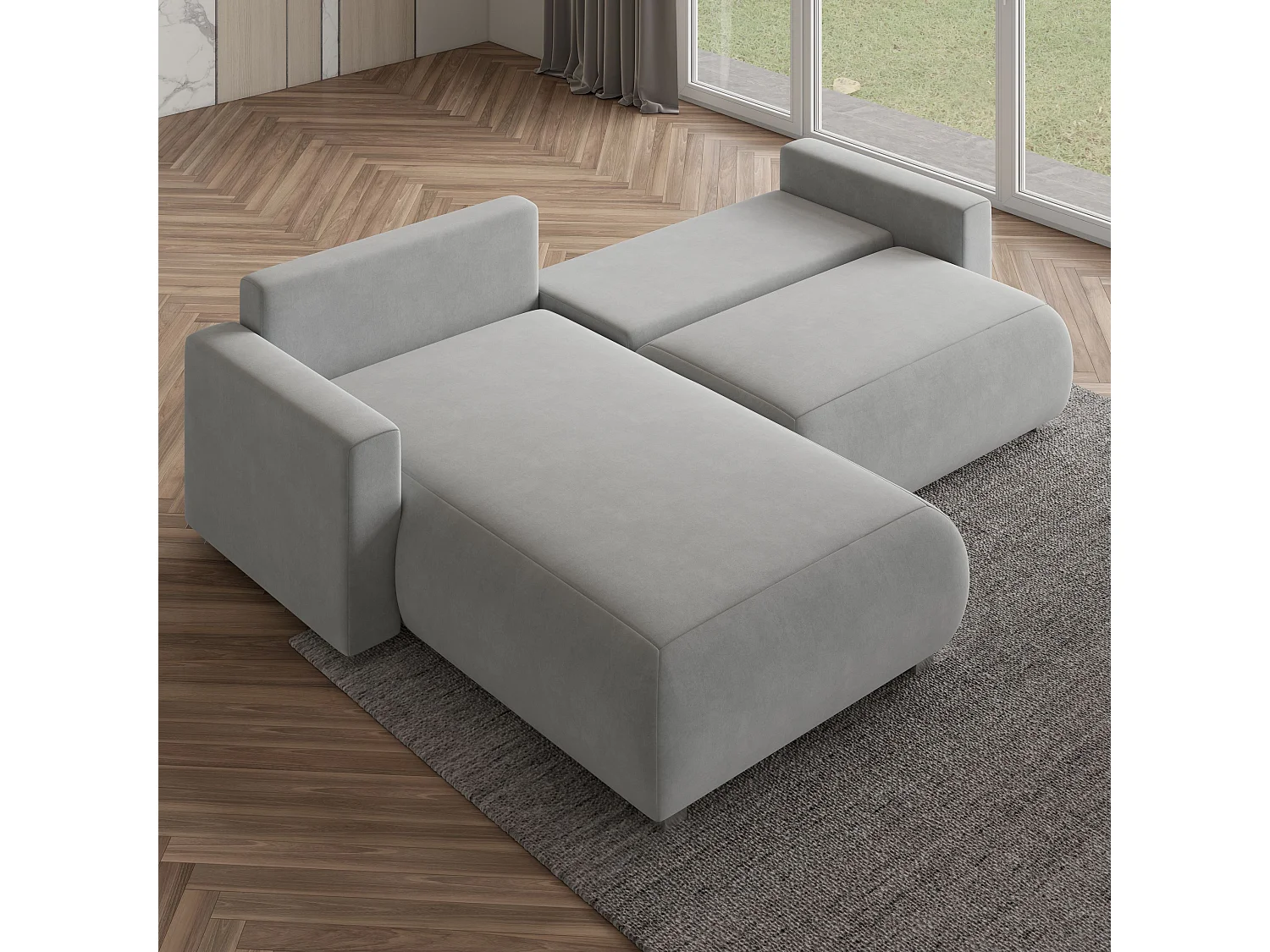 Canapé d'angle TURIN Gris clair en velours avec fonction de couchage
