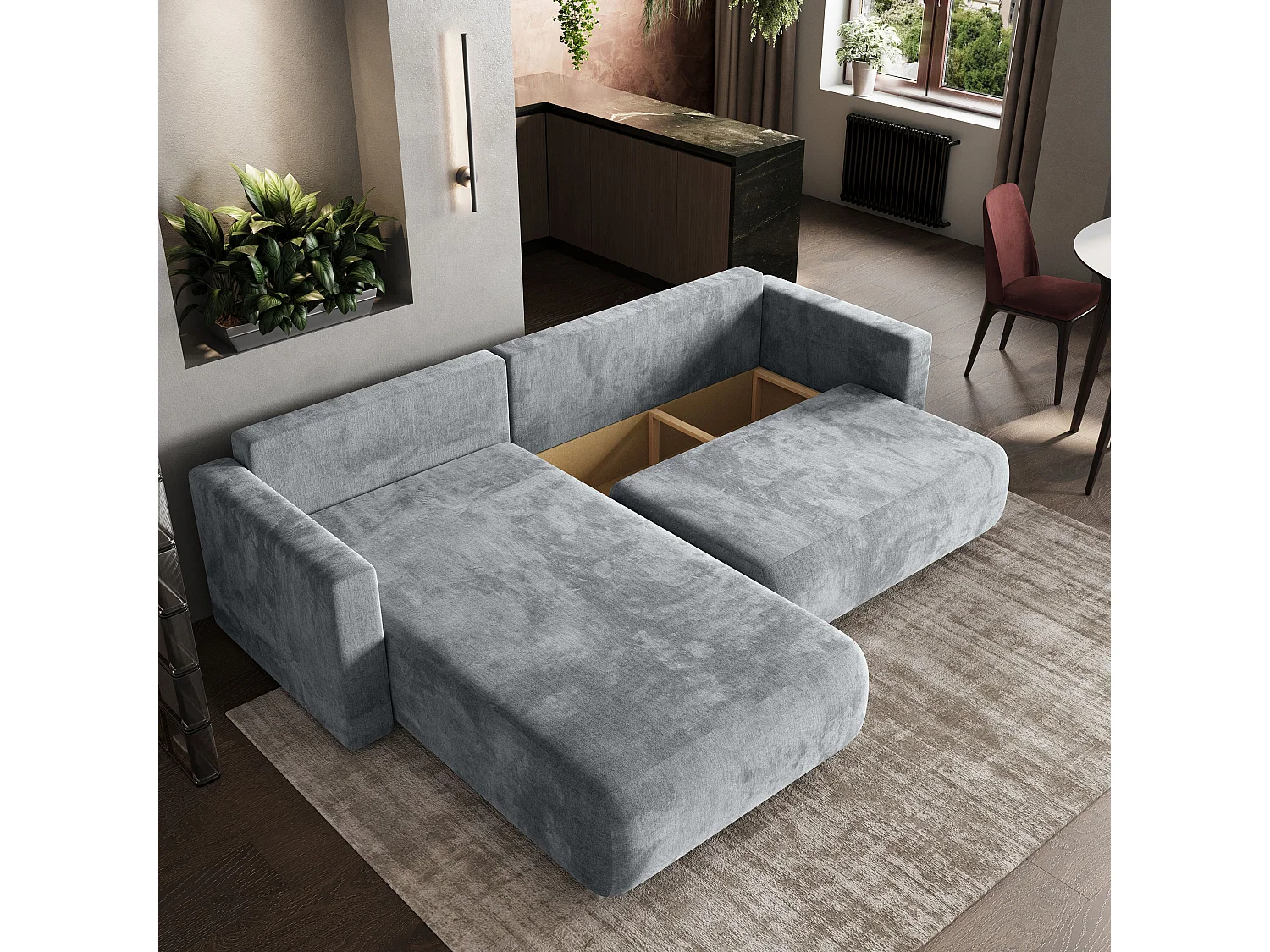 Hoekbank TURIN van fluweel met slaapfunctie Hellgrau