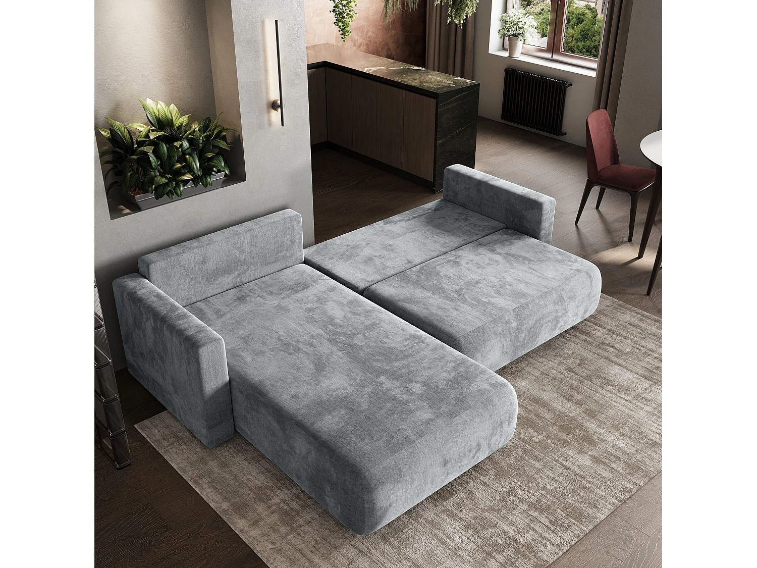 Hoekbank TURIN van fluweel met slaapfunctie Hellgrau