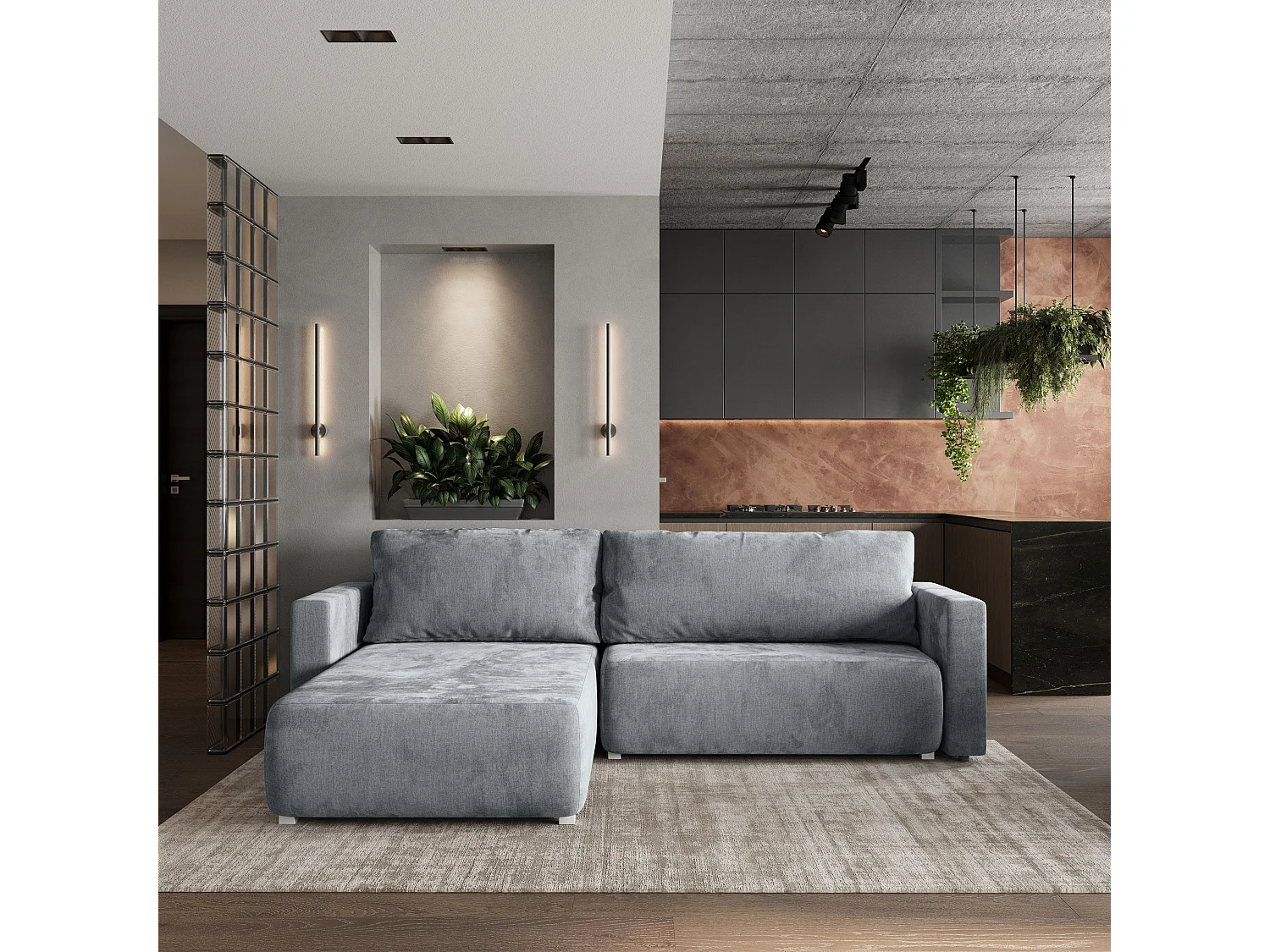 Hoekbank TURIN van fluweel met slaapfunctie Hellgrau