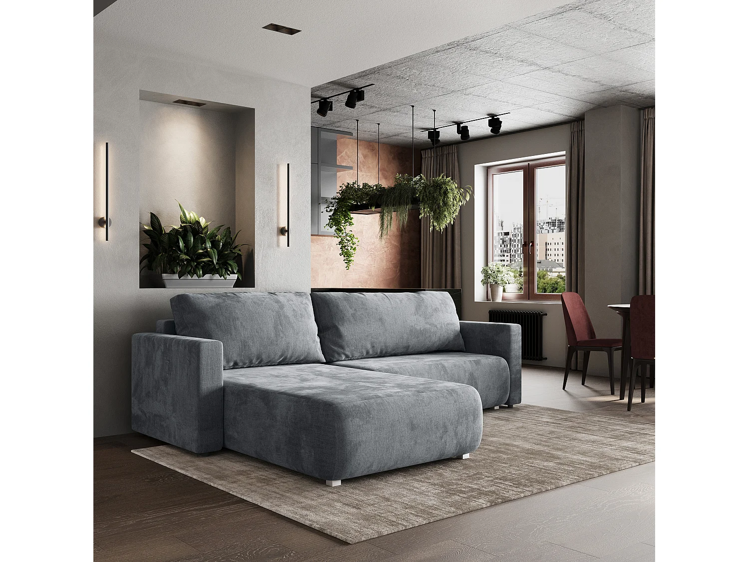 Hoekbank TURIN van fluweel met slaapfunctie Hellgrau