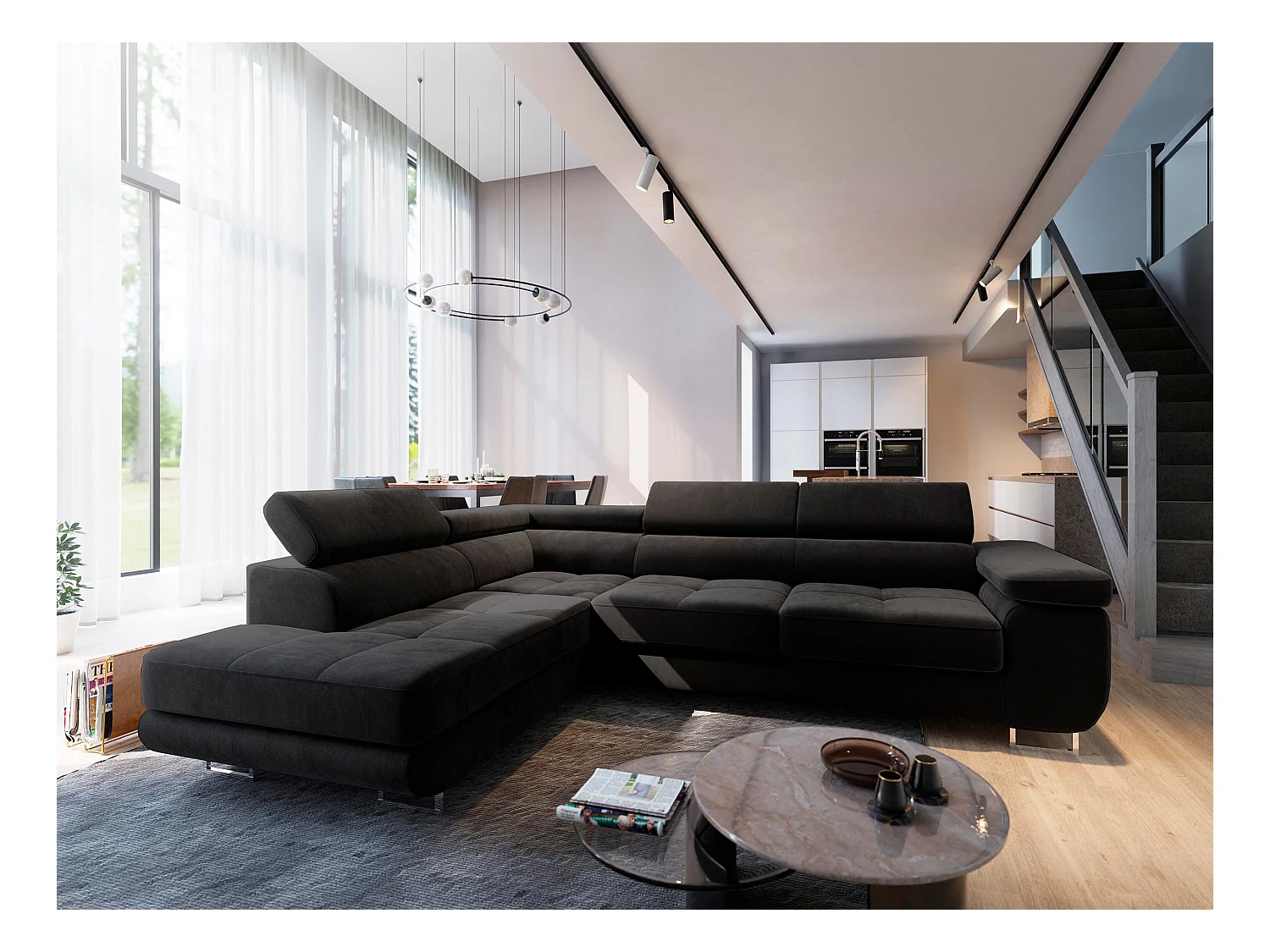 Canapé d'angle SELVA Noir en velours avec fonction de couchage