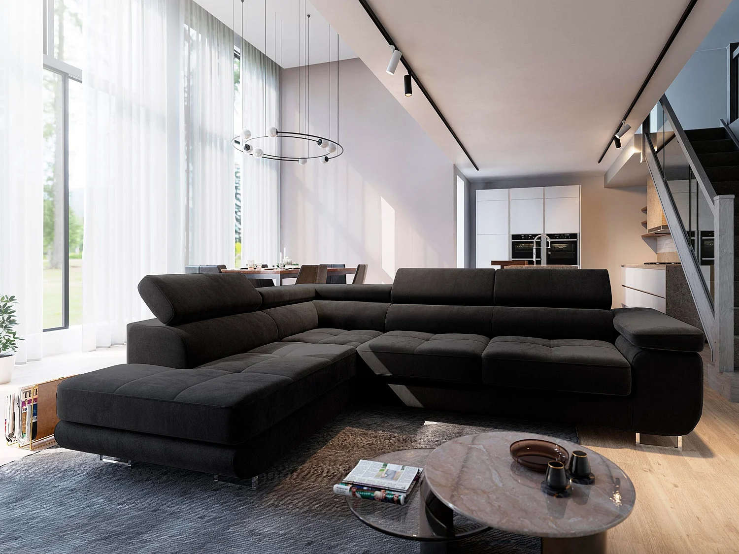 Canapé d'angle SELVA Noir en velours avec fonction de couchage