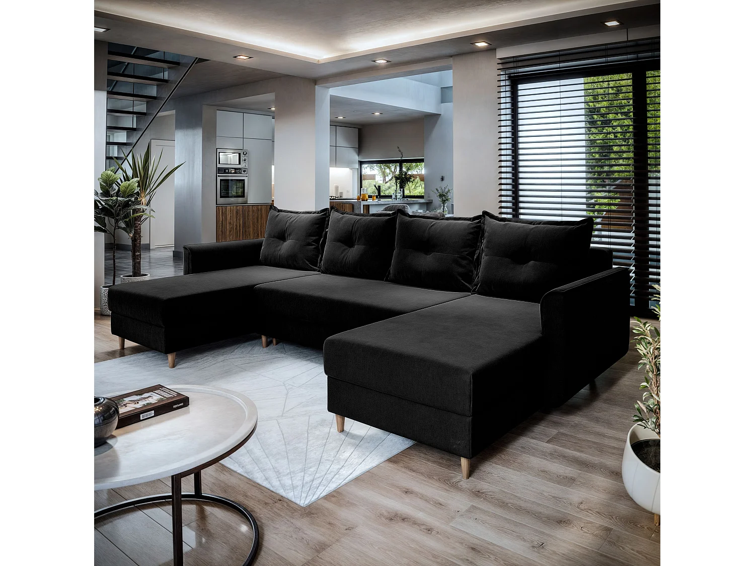 Hoekbank VERNI van fluweel met slaapfunctie Schwarz