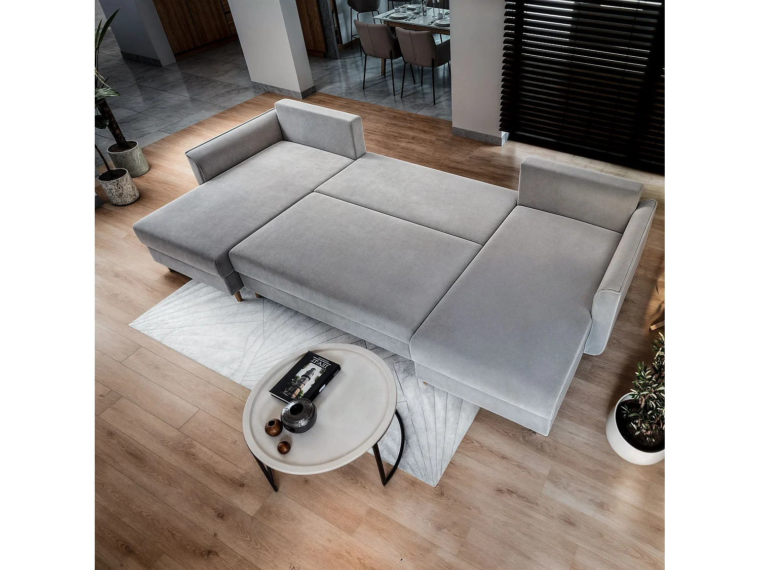 Canapé d'angle VERNI Noir en peluche avec fonction de couchage