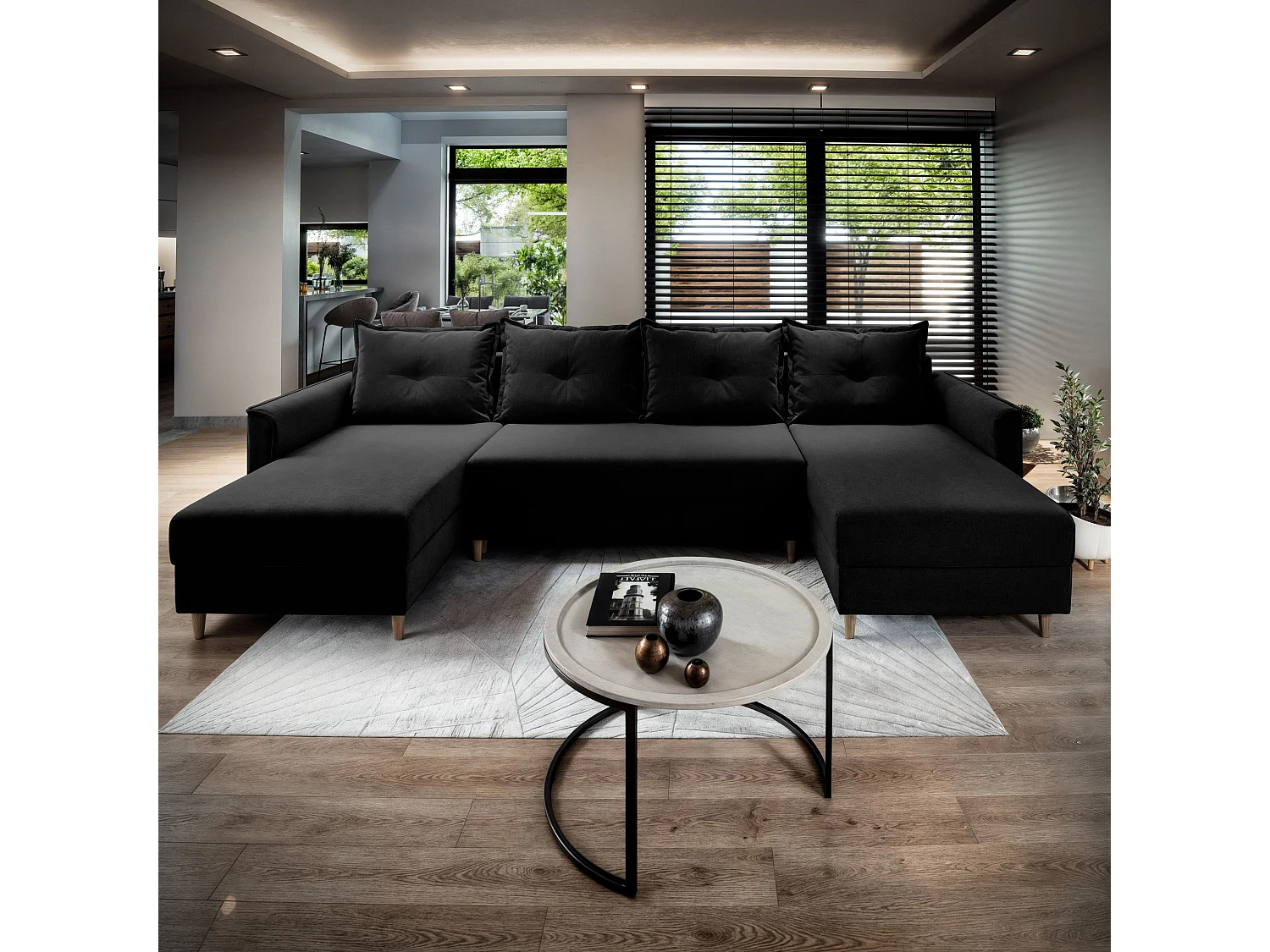 Canapé d'angle VERNI Noir en peluche avec fonction de couchage