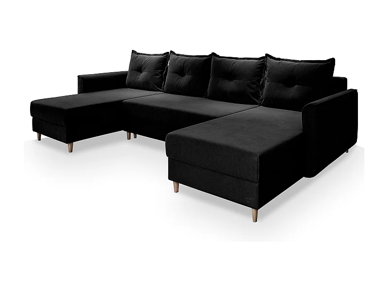 Canapé d'angle VERNI Noir en peluche avec fonction de couchage