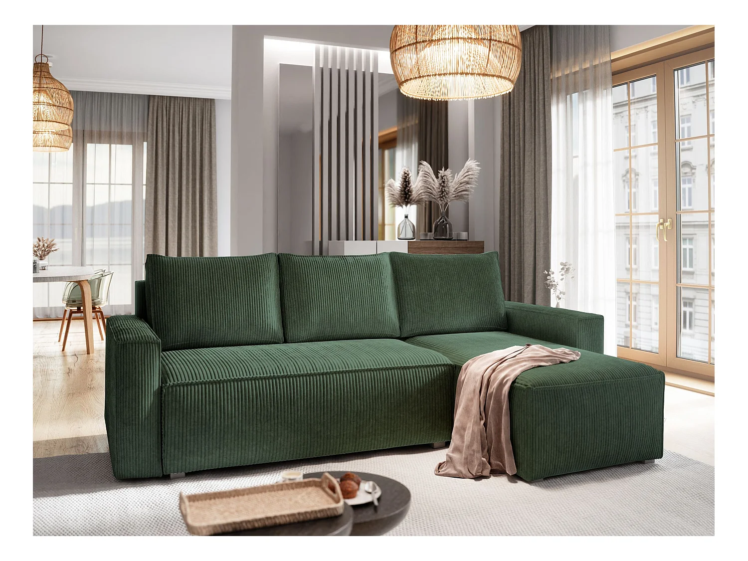 Canapé d'angle POTARO Vert Sapin en velours côtelé avec fonction de couchage