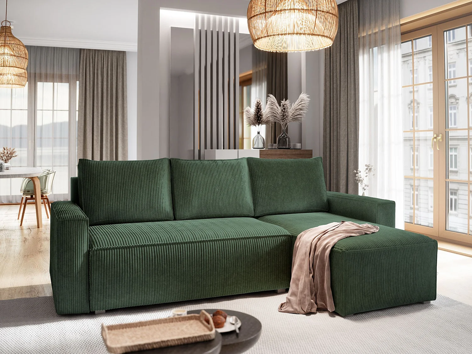 Canapé d'angle POTARO Vert Sapin en velours côtelé avec fonction de couchage