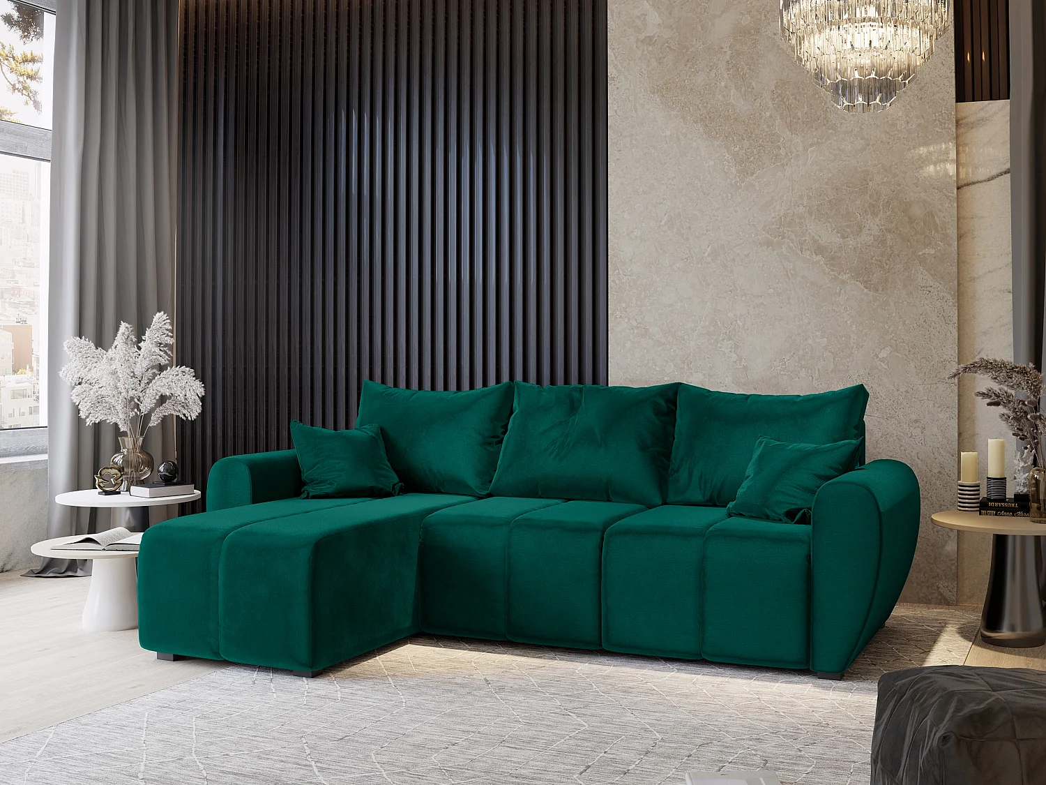 Canapé d'angle MADISON Vert Sapin en peluche avec fonction de couchage