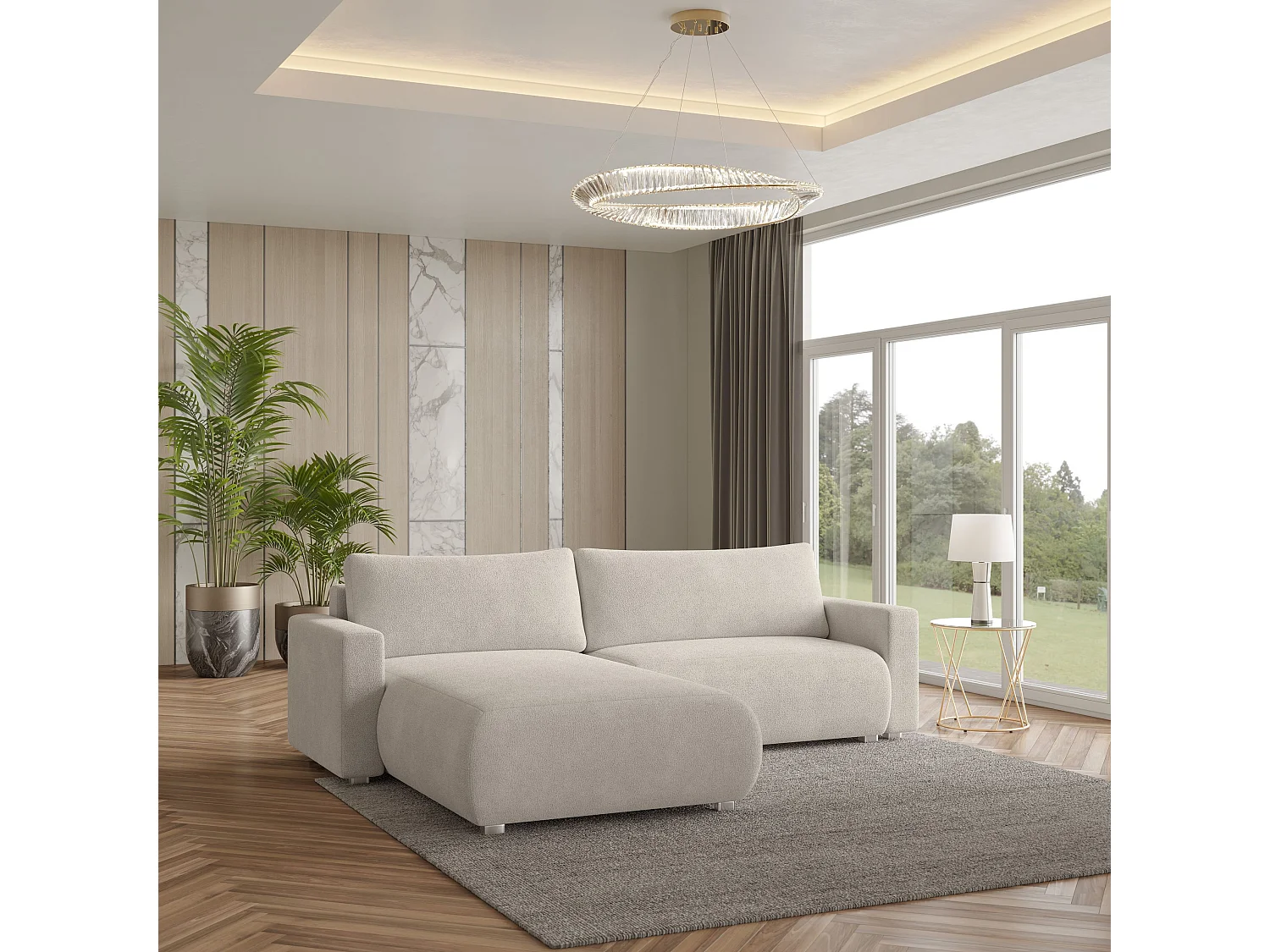 Canapé d'angle TURIN Crème en bouclé avec fonction de couchage