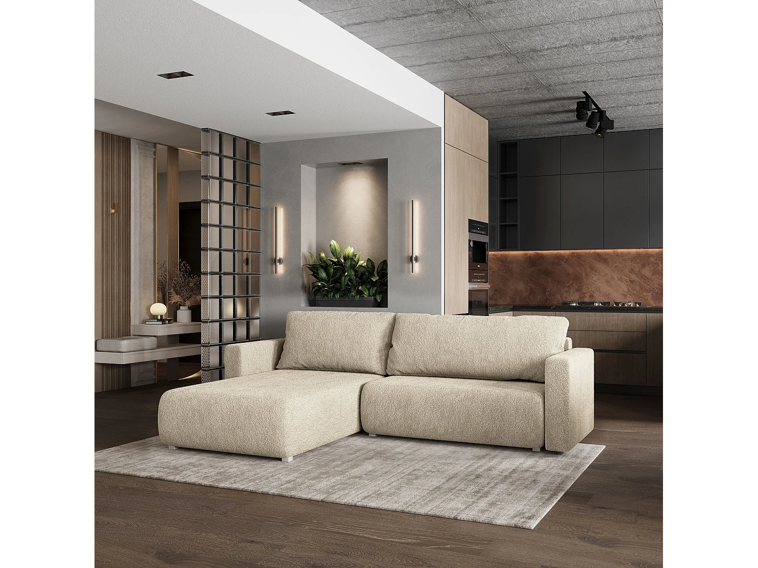 Canapé d'angle convertible 3 places en tissu crème TURIN