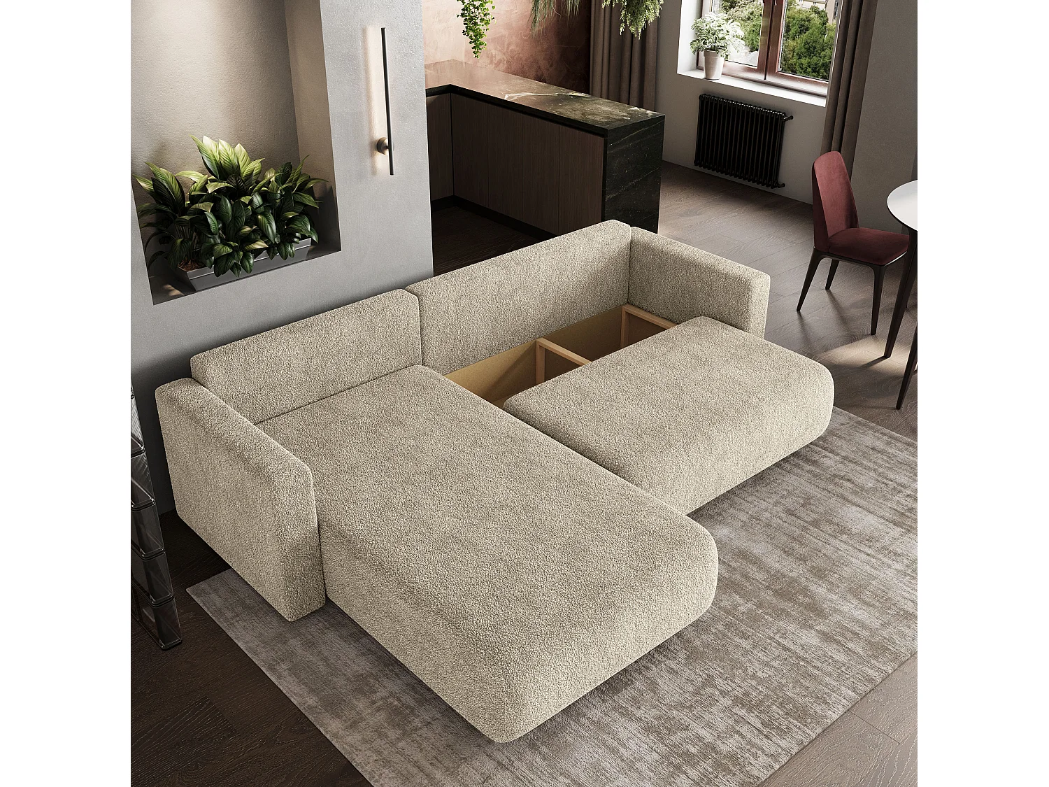 Canapé d'angle convertible 3 places en tissu crème TURIN