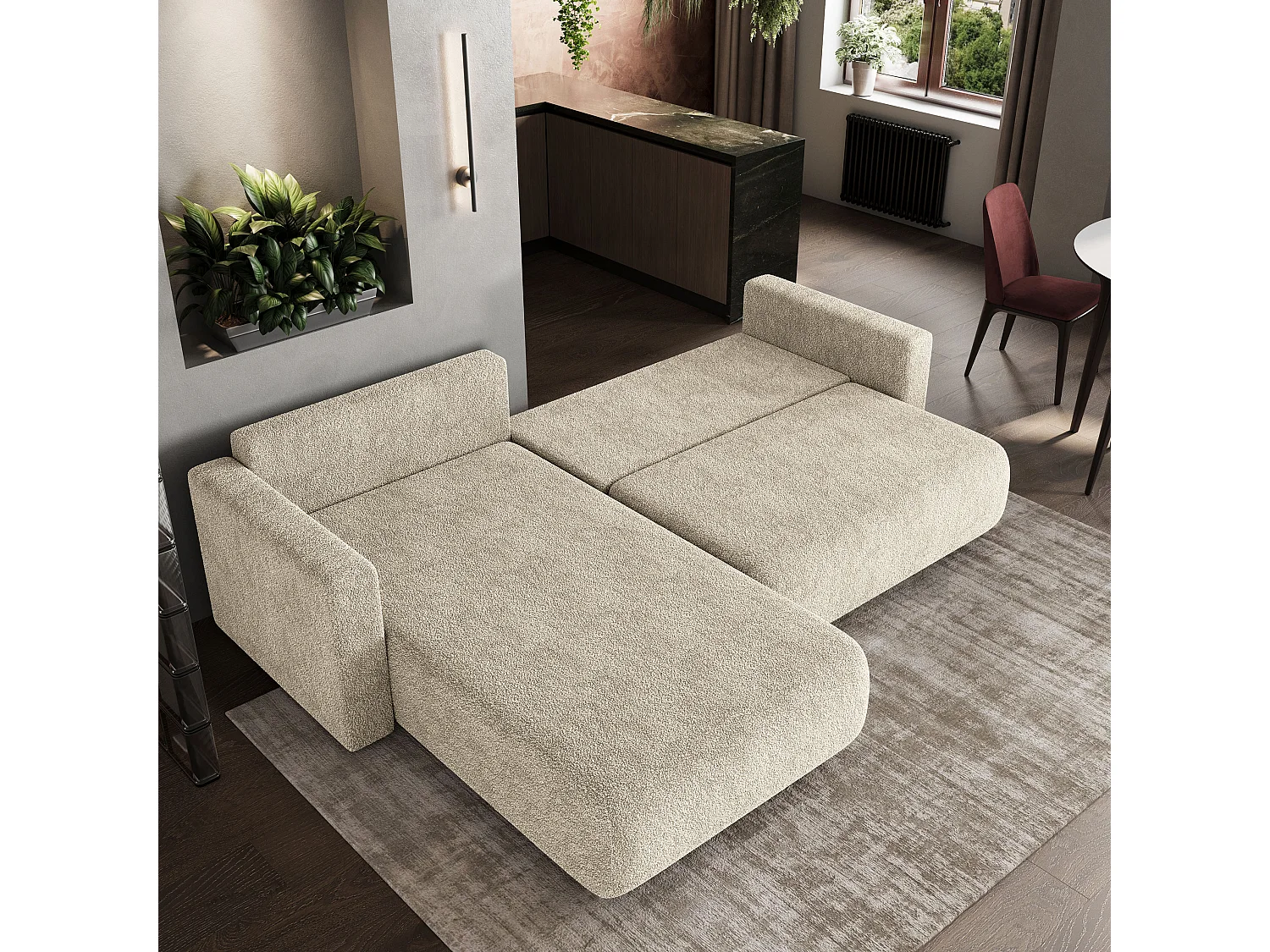 Canapé d'angle convertible 3 places en tissu crème TURIN