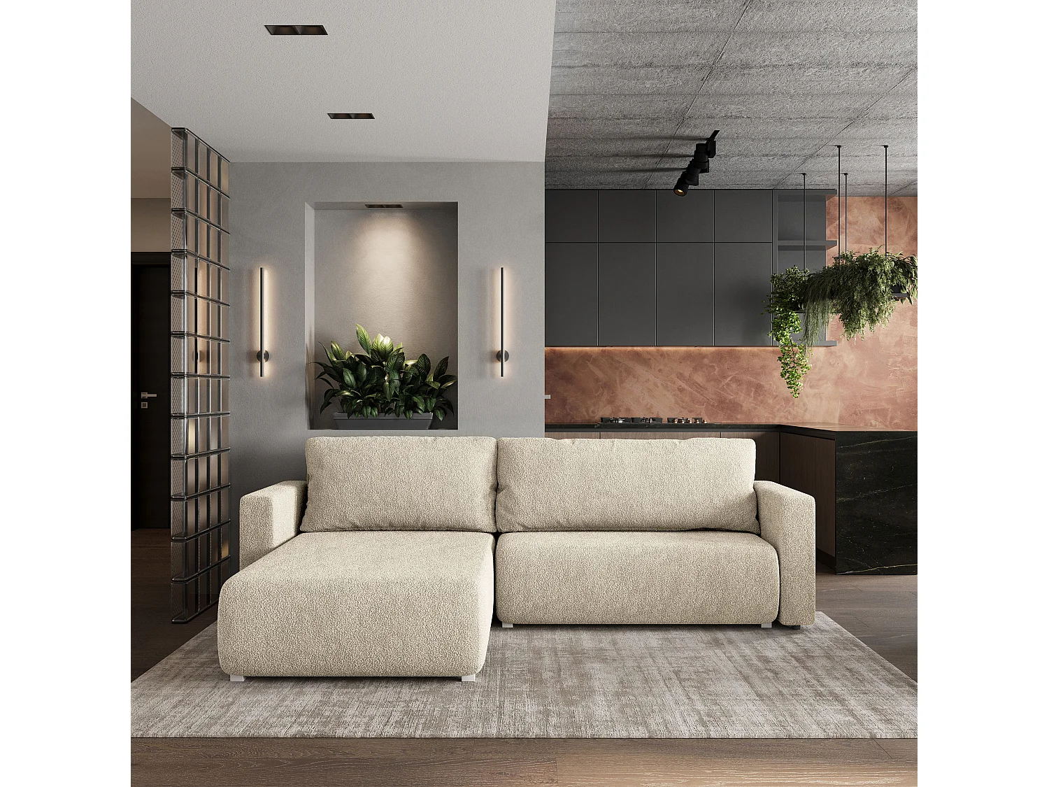Canapé d'angle convertible 3 places en tissu crème TURIN
