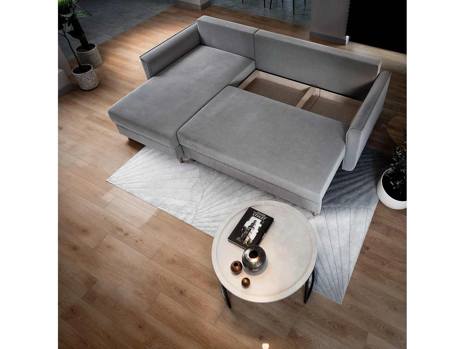 Canapé d'angle PISAN Beige en peluche avec fonction de couchage