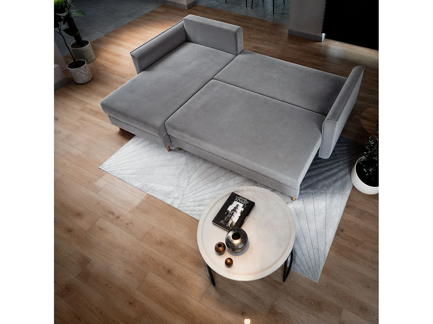 Canapé d'angle PISAN Beige en peluche avec fonction de couchage