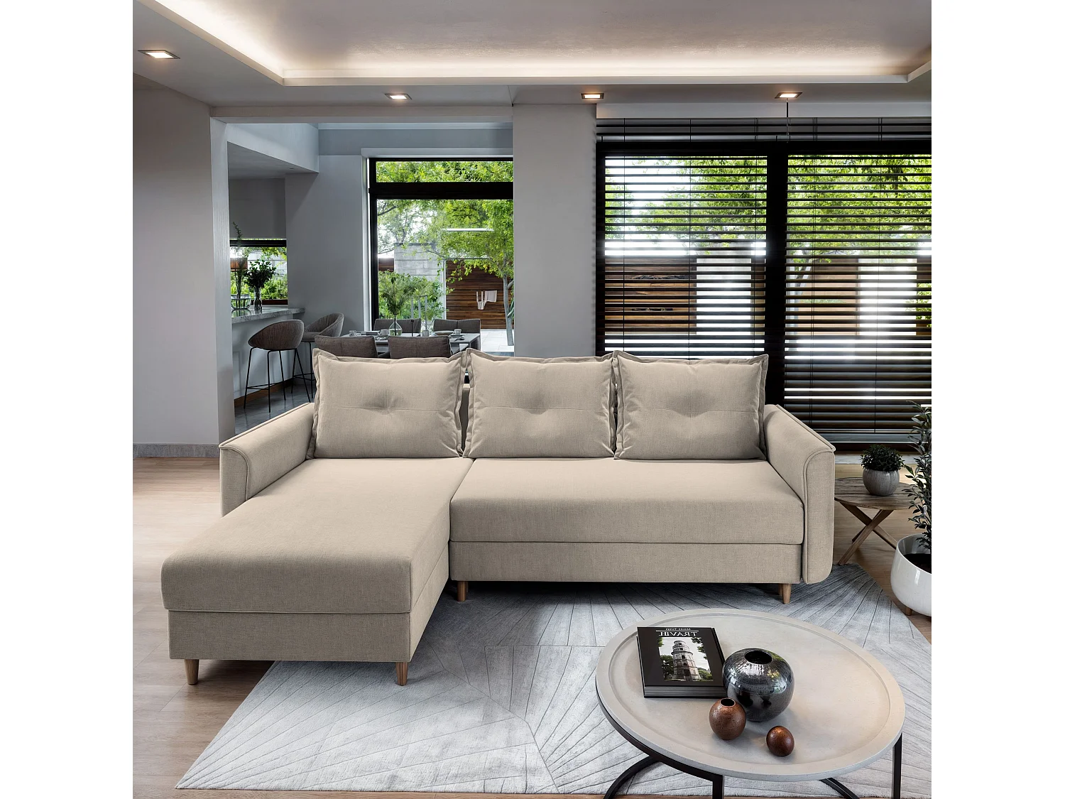 Canapé d'angle PISAN Beige en peluche avec fonction de couchage