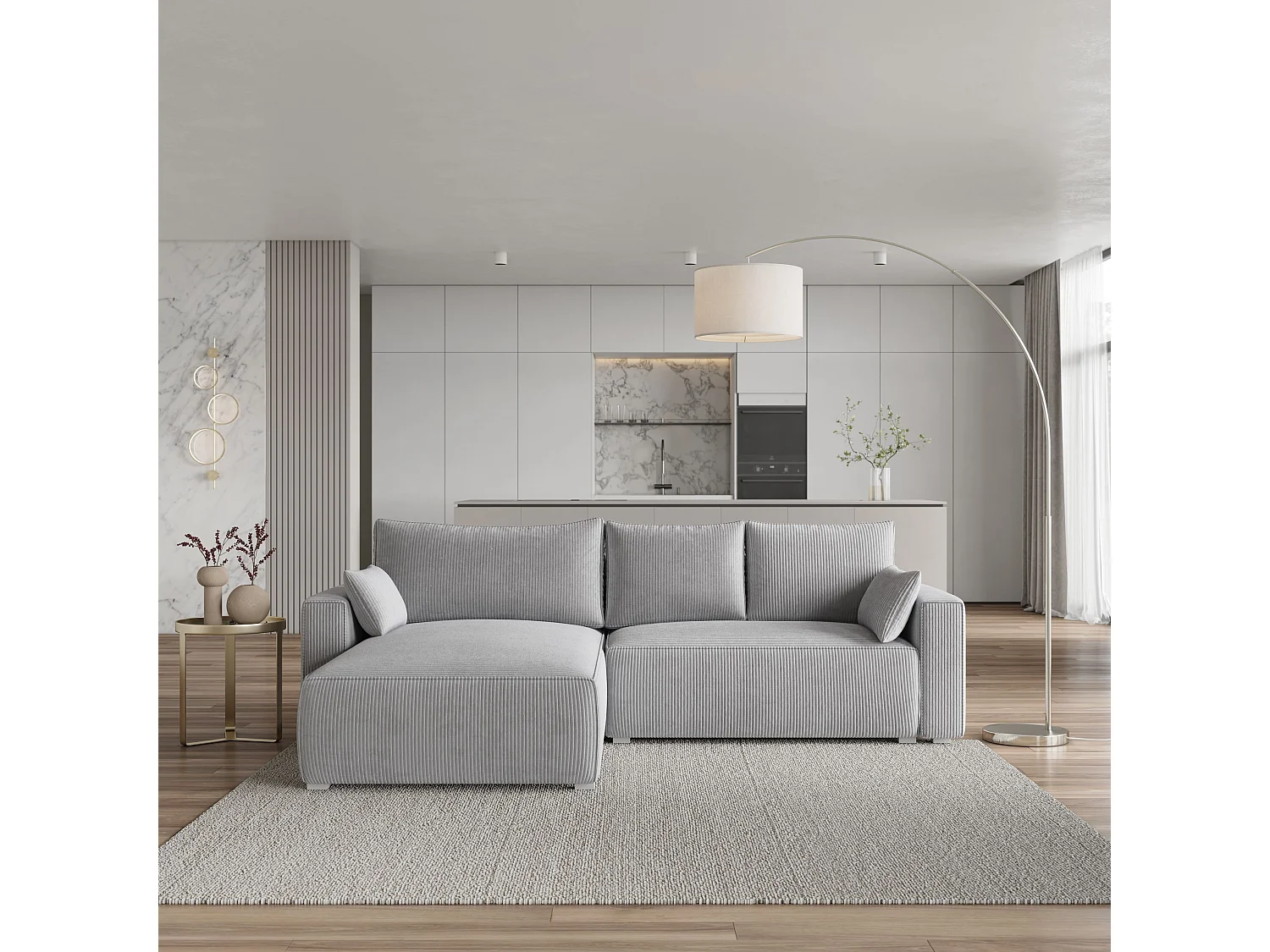 Canapé d'angle FORIL Gris clair en velours côtelé avec fonction de couchage