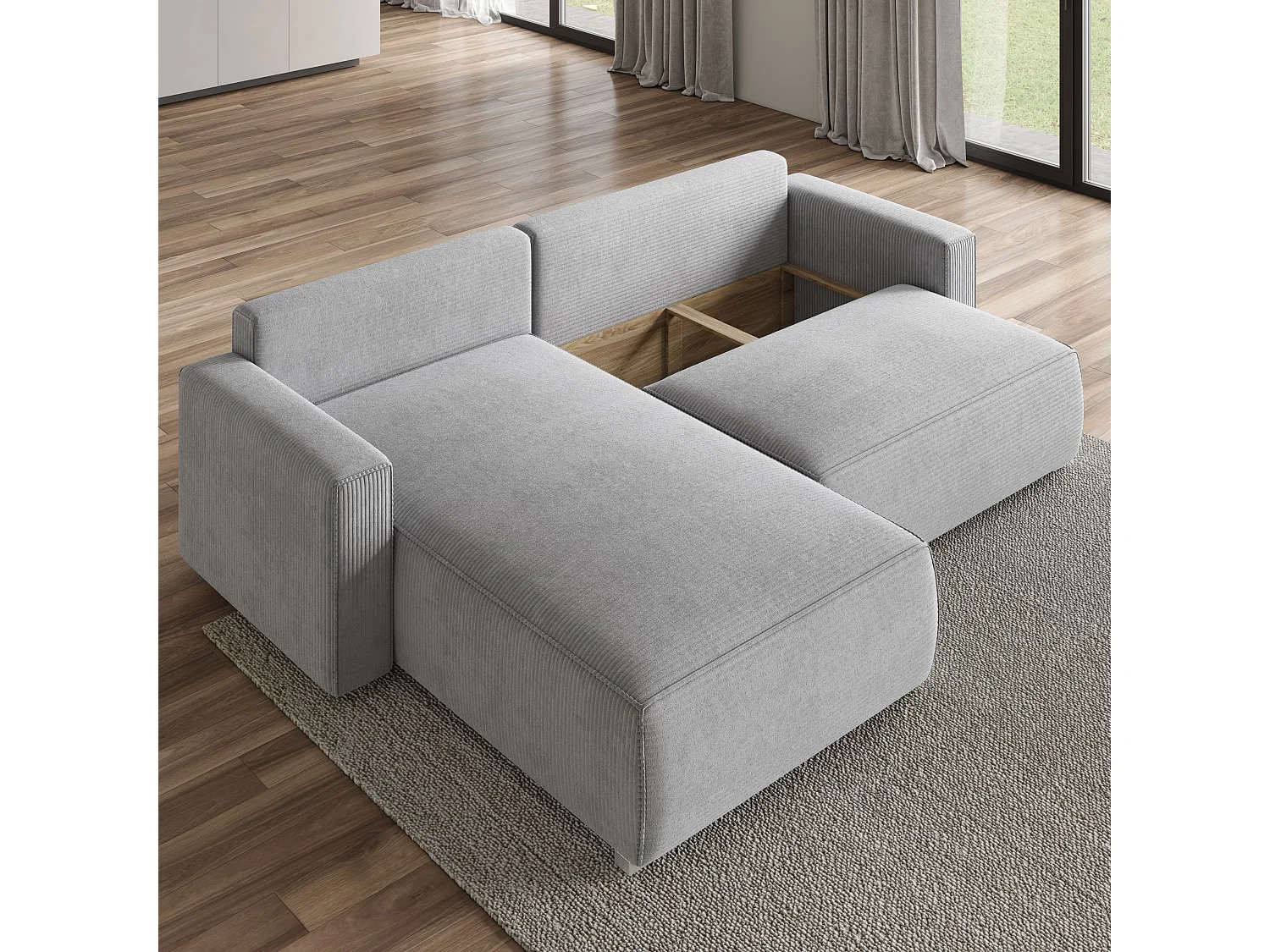 Canapé d'angle FORIL Gris clair en velours côtelé avec fonction de couchage