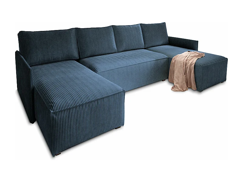 Canapé d'angle TRES Bleu en velours côtelé avec fonction de couchage