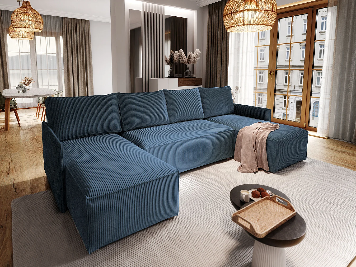 Canapé d'angle TRES Bleu en velours côtelé avec fonction de couchage