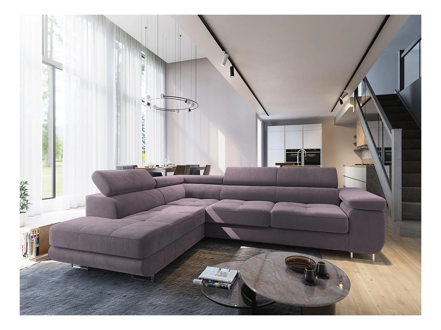 Canapé d'angle SELVA Parme en velours avec fonction de couchage