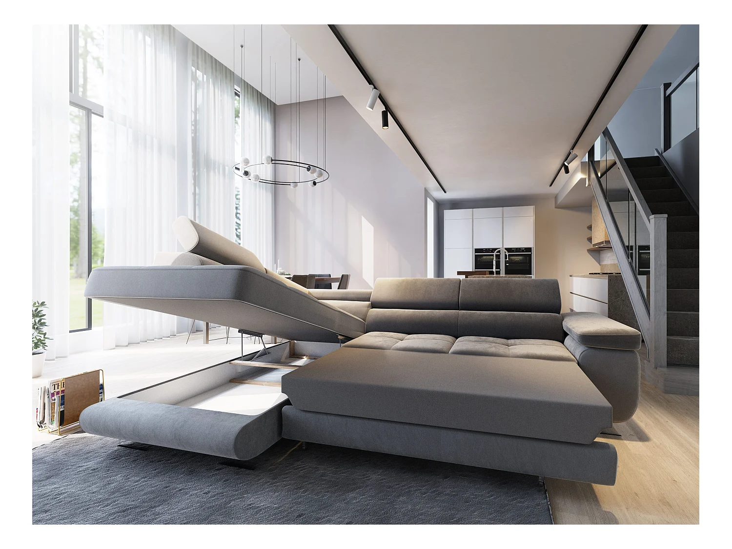 Canapé d'angle SELVA Parme en velours avec fonction de couchage