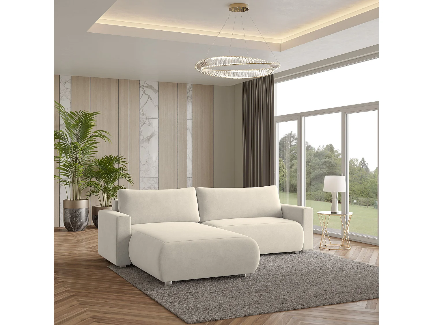 Canapé d'angle TURIN Crème en velours avec fonction de couchage