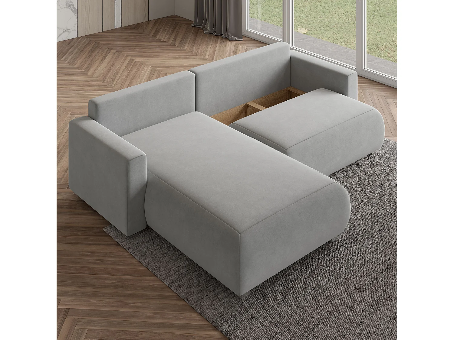 Canapé d'angle TURIN Crème en velours avec fonction de couchage