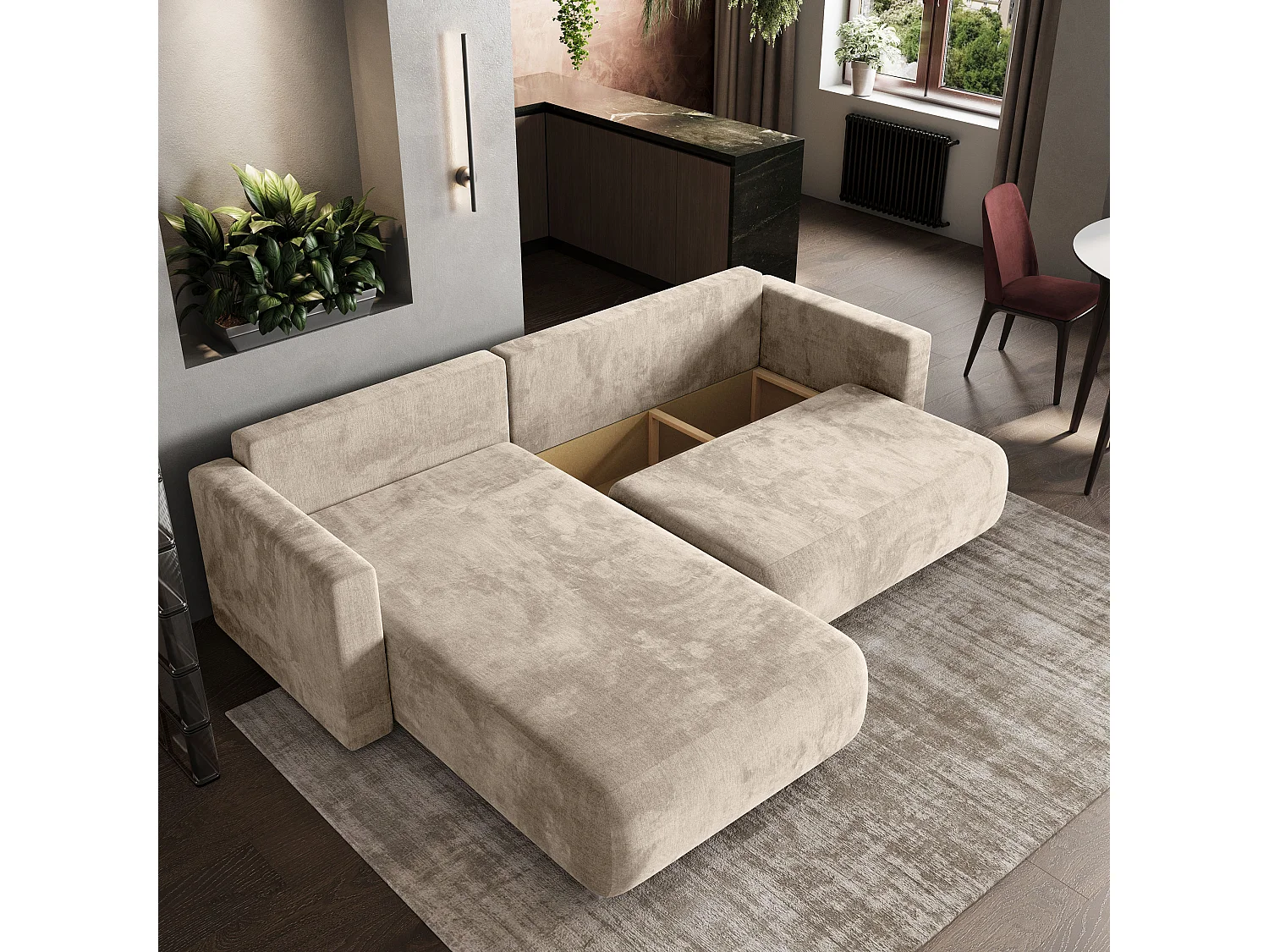 Hoekbank TURIN van fluweel met slaapfunctie Creme