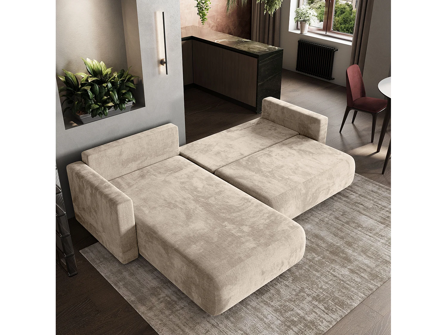 Hoekbank TURIN van fluweel met slaapfunctie Creme