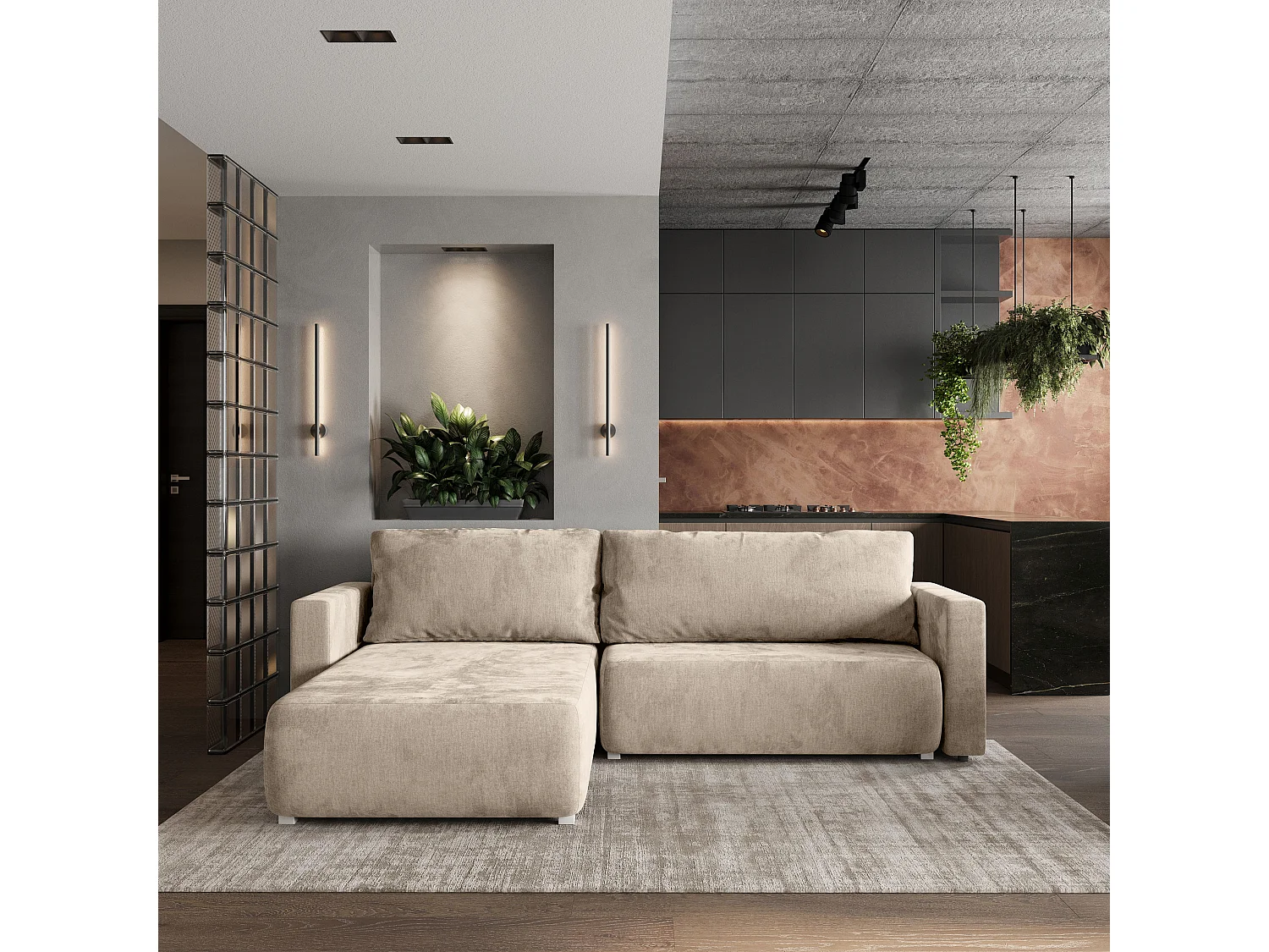 Hoekbank TURIN van fluweel met slaapfunctie Creme