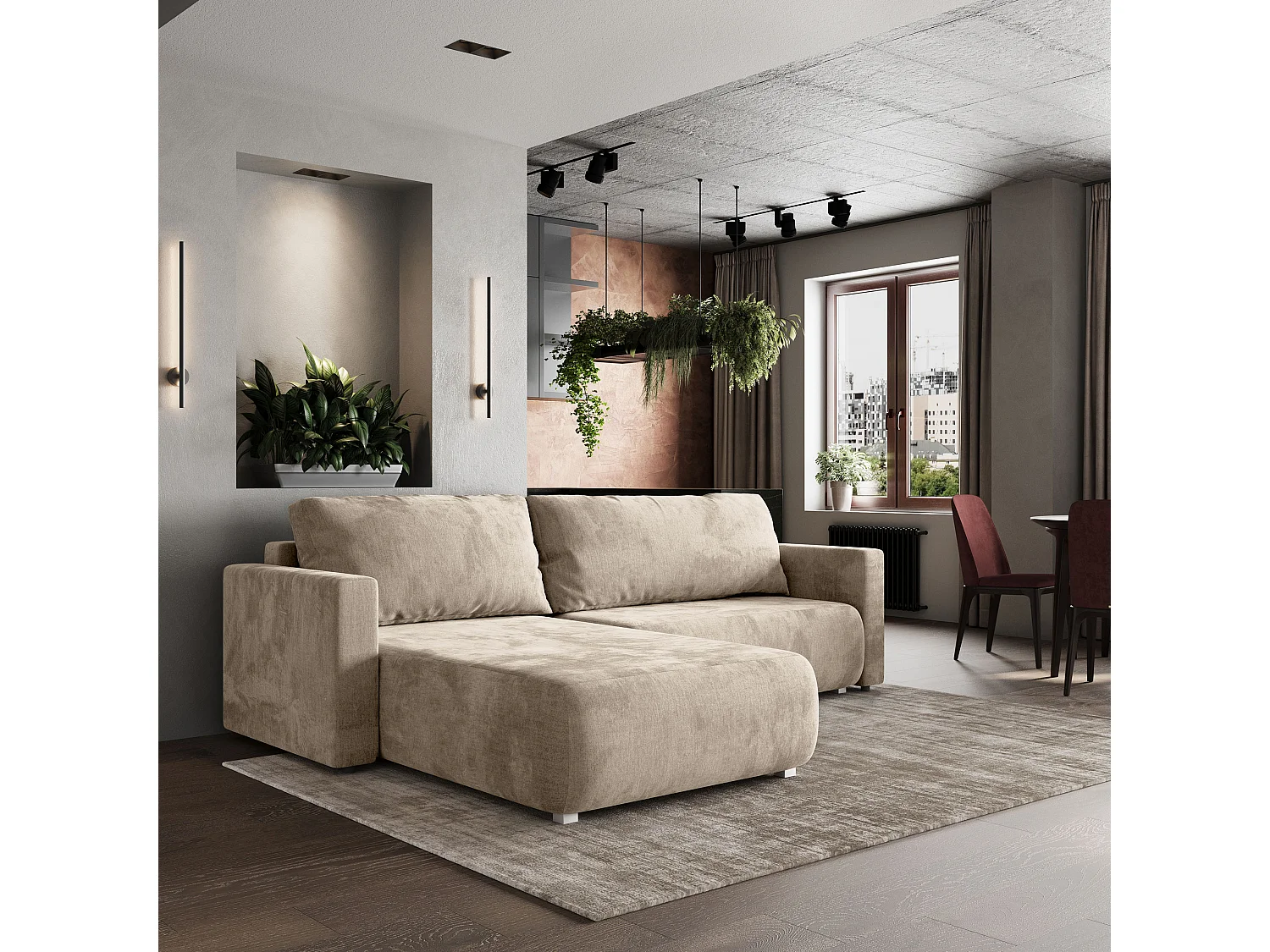 Hoekbank TURIN van fluweel met slaapfunctie Creme