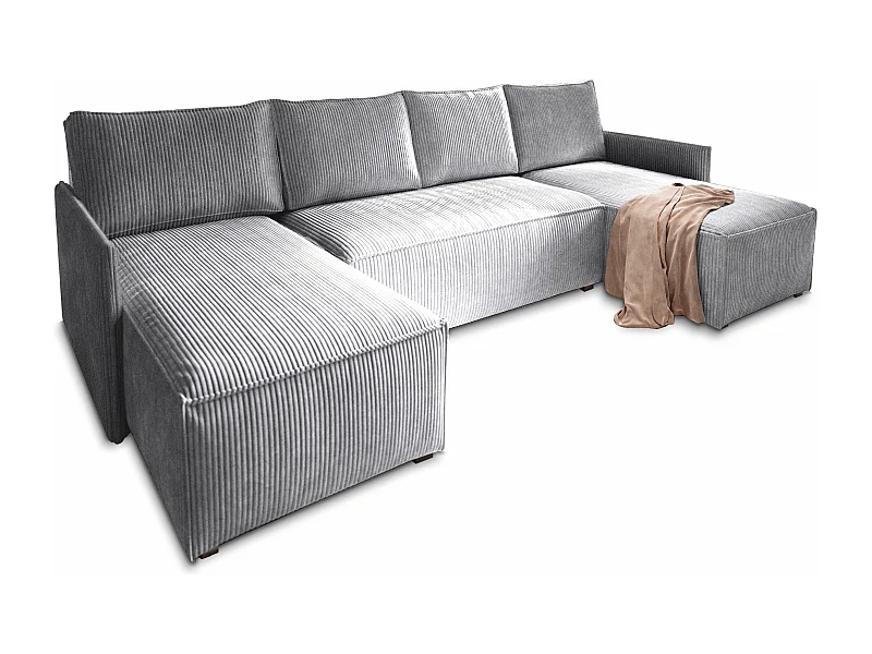 Canapé d'angle TRES Gris clair en velours côtelé avec fonction de couchage