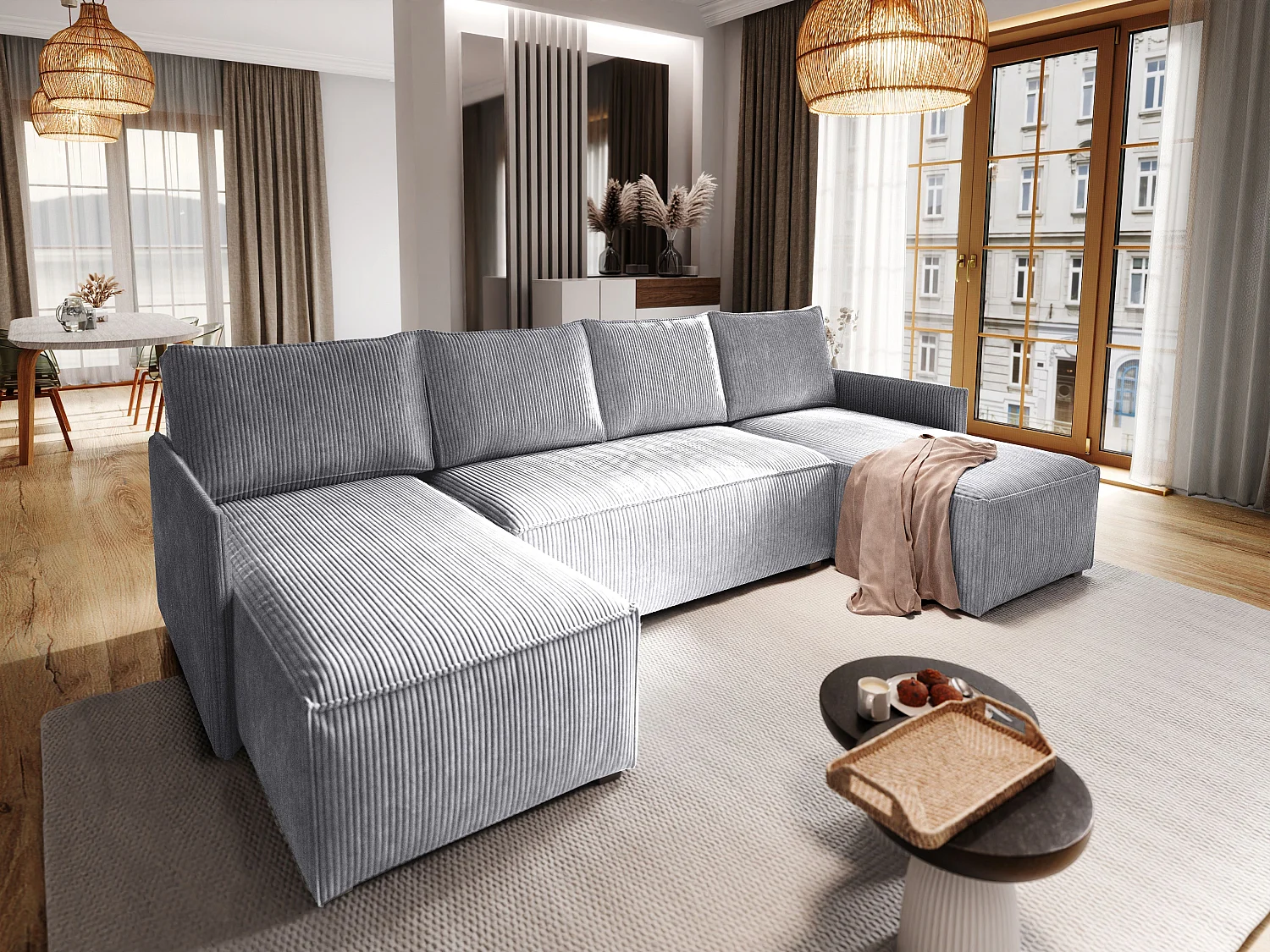Hoekbank TRES van fluweel met slaapfunctie Hellgrau