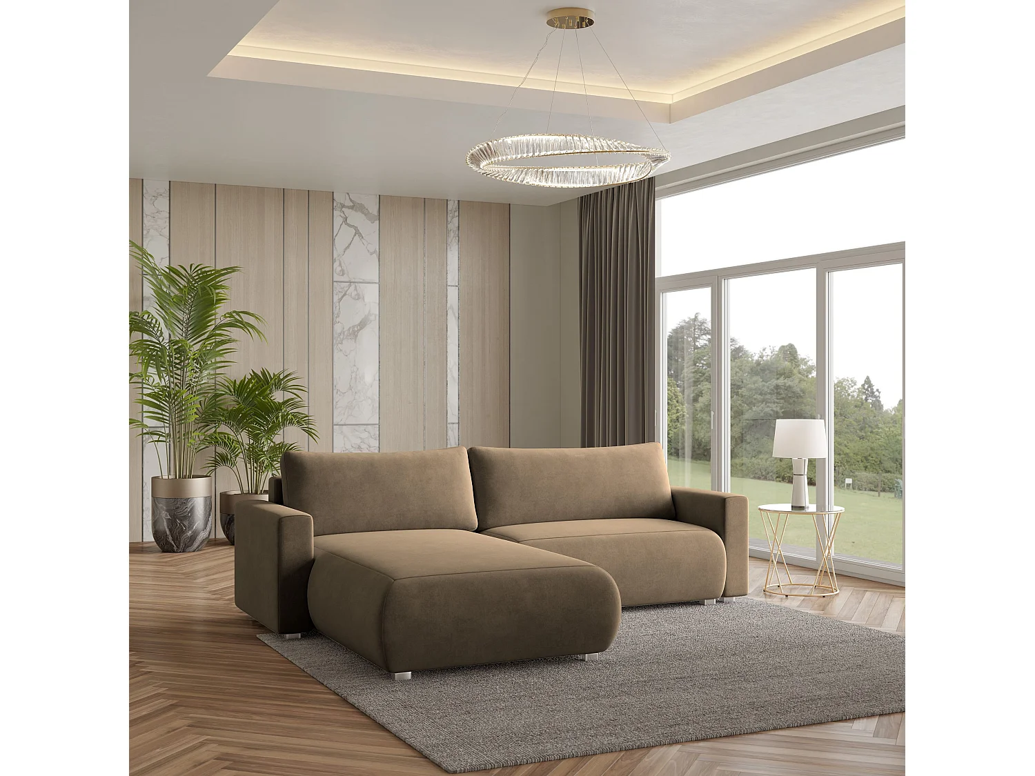 Canapé d'angle TURIN Beige en velours avec fonction de couchage