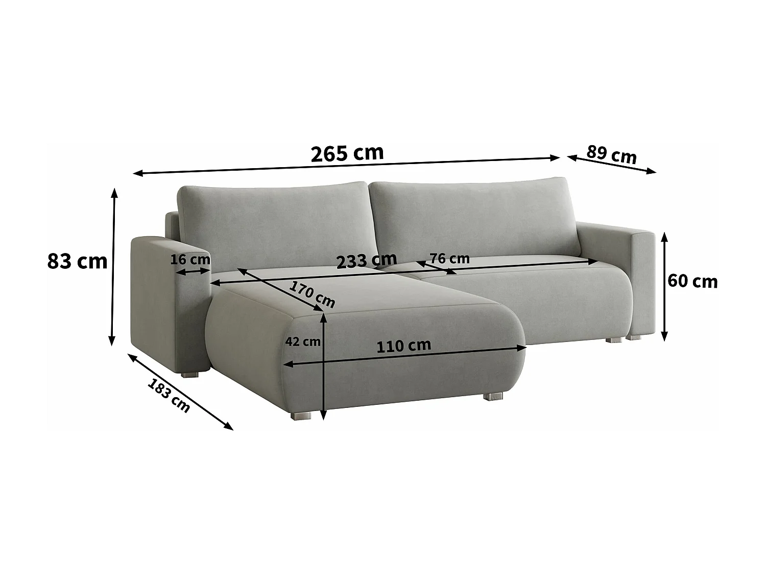 Canapé d'angle TURIN Beige en velours avec fonction de couchage