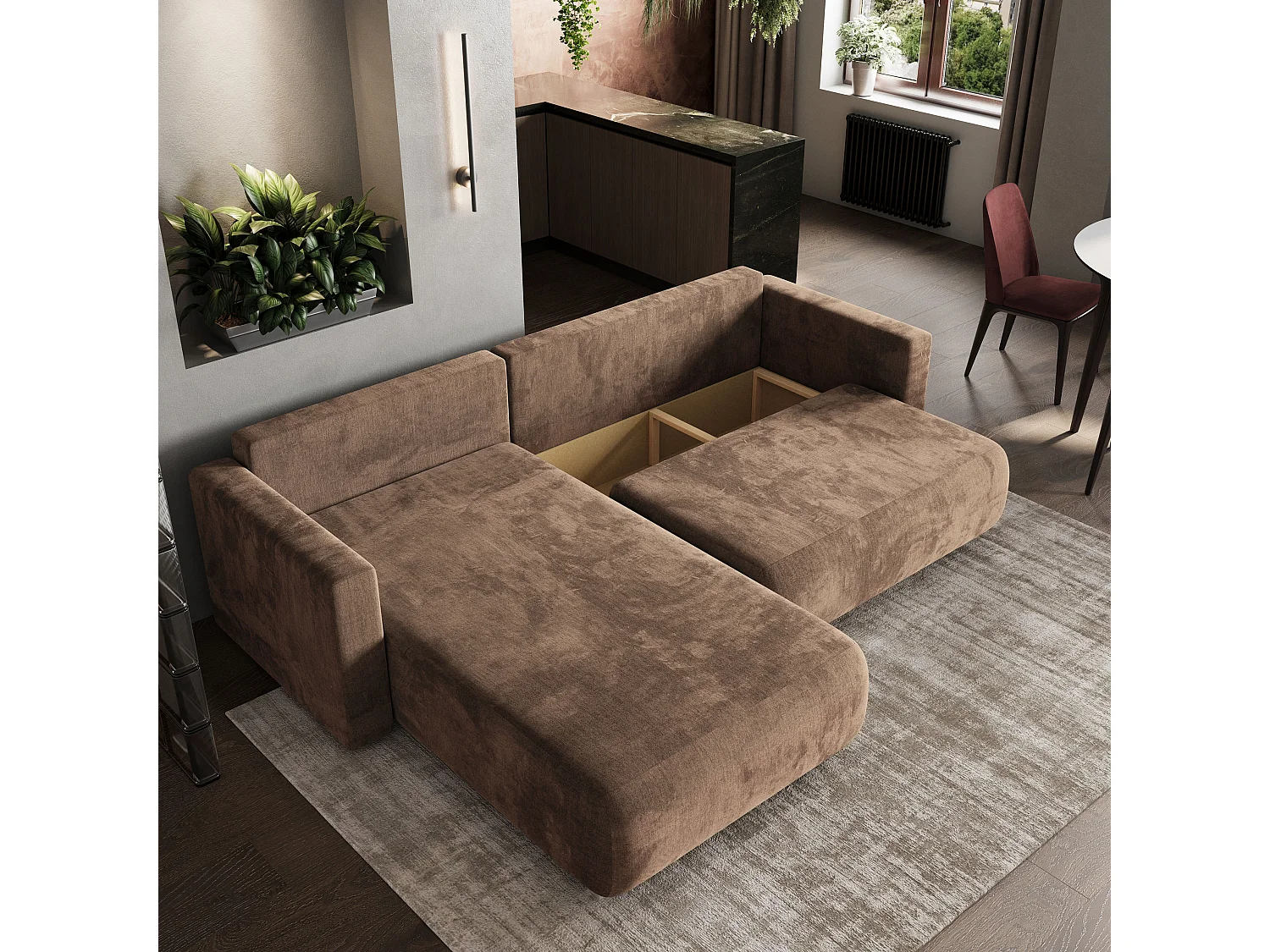 Hoekbank TURIN van fluweel met slaapfunctie Beige